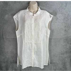 Coldwater Creek Linen Blend Crochet Lace Button Up Blouse XL Cottagecore Boho